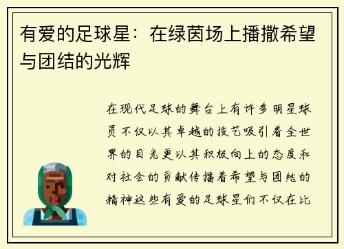有爱的足球星：在绿茵场上播撒希望与团结的光辉